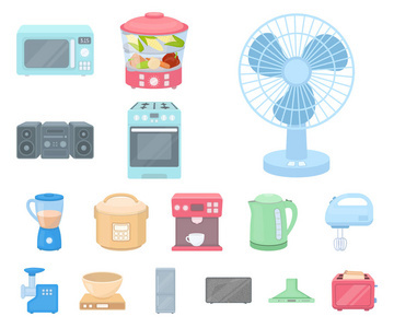 家用電器的類型黑色圖標(biāo)集合中的設(shè)計(jì)。廚房設(shè)備矢量符號(hào)庫存 web 插圖